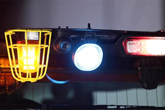 Close-up of forklift safety lights